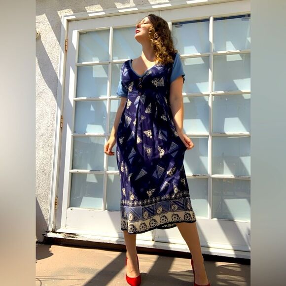 ELAINE SEINFELD BLOSSOM Blue Navy 90s Maxi Dress Geo Floral Print - Picture 2 of 8